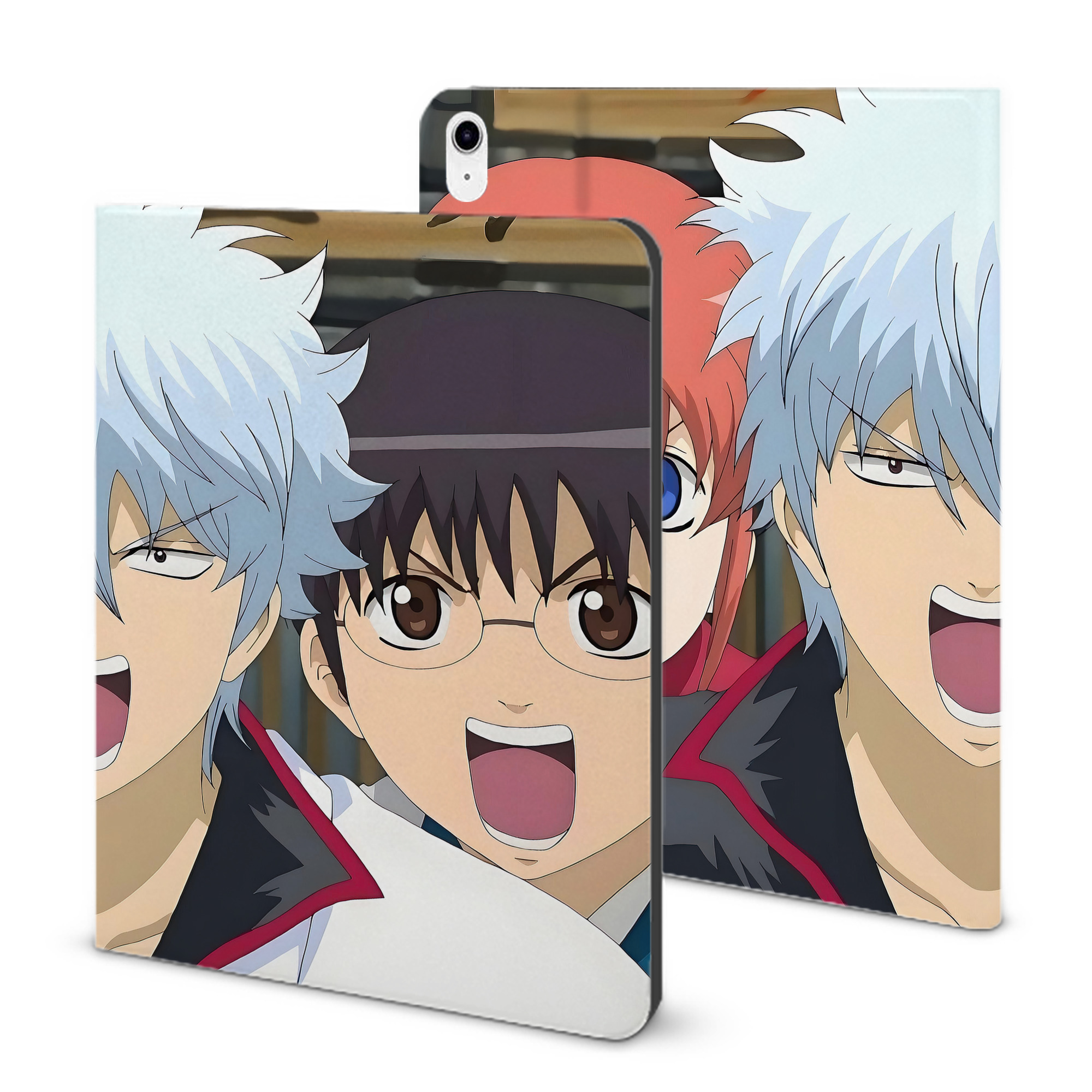 （画像用） ぎんたま 坂田銀時（さかたぎんとき） 神楽 志村新八（しむら しんぱち） GINTAMA Sakata Gintoki Kagura Shimura Shinpachi IPad ケース ブック型 PUレザー TPU 耐衝撃 軽量 薄型 ペン収納なし 全面保護 IPad 各モデル対応